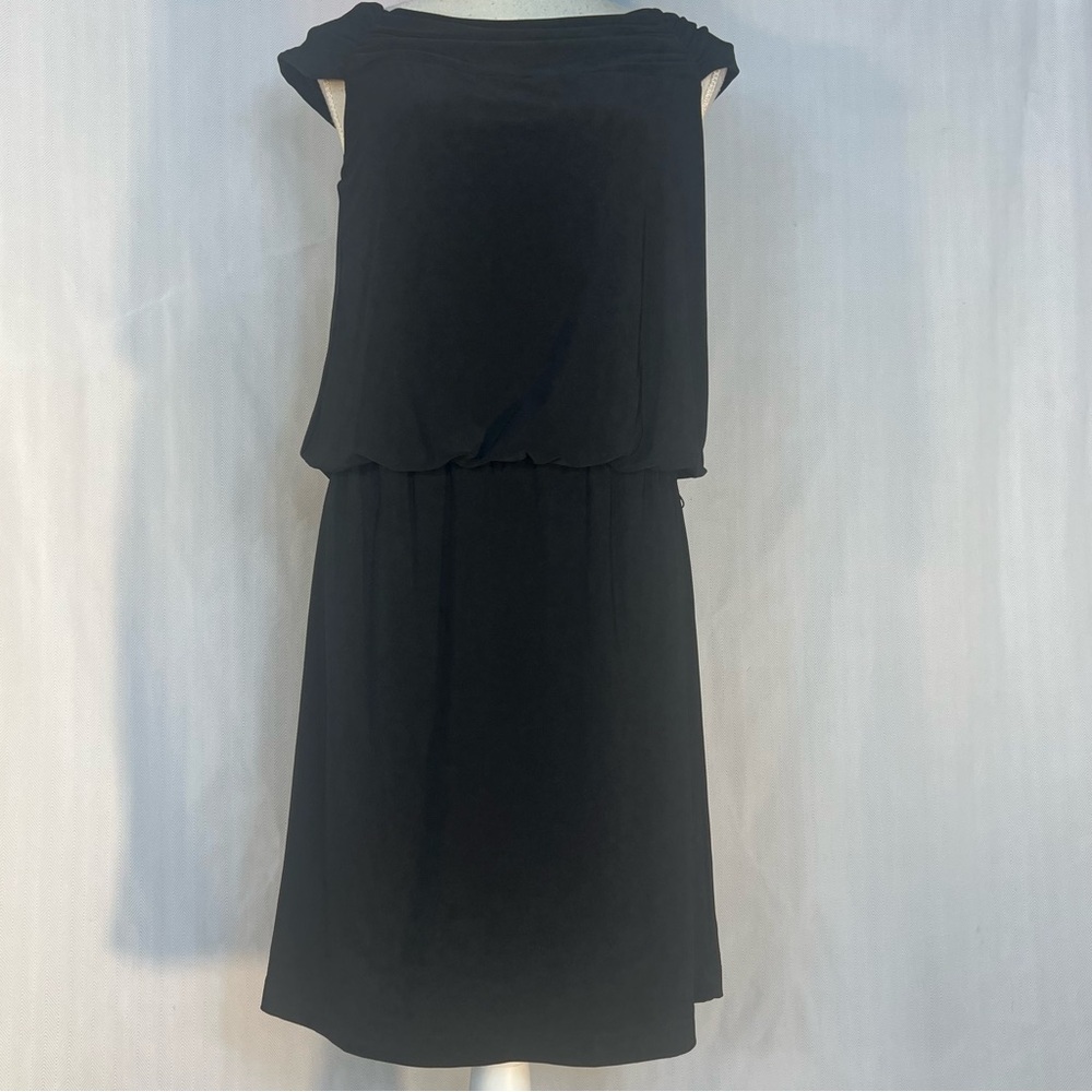 White House Black Market Black Jersey Dress Drape Neckline Sleeveless M 👍